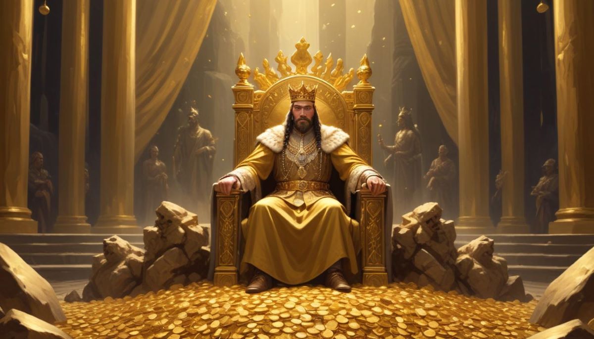 king sitting in a golden room suggesting historical importance of gold