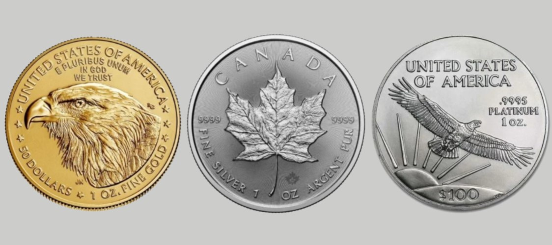 gold american eagle, silver canadian maple leaf, platinum american eagle