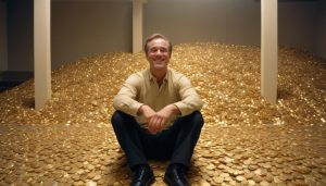 man sitting on a huge pile of gold