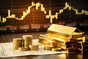 illustration of gold coins and bars and the market value chart in the background