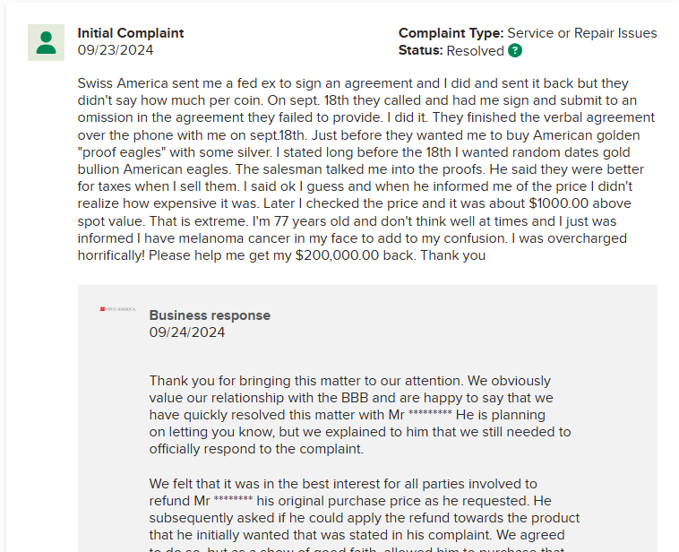 Swiss America customer review