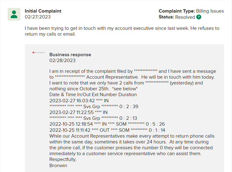 Swiss America complaint